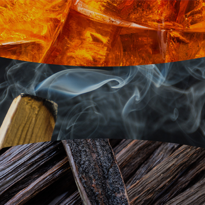 WoodWick Radiant Amber fragrance notes artwork displaying rich golden amber resins, smoky incense, and vanilla bean pods.