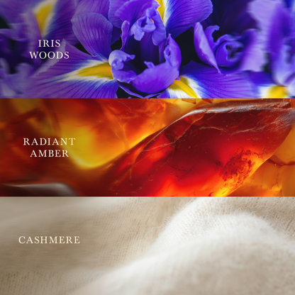 Three horizontal banner-style panels with text labels: 'IRIS WOODS' over a close-up of purple and yellow iris flowers, 'RADIANT AMBER' over a glowing amber/orange translucent stone, and 'CASHMERE' over a soft white knitted fabric.