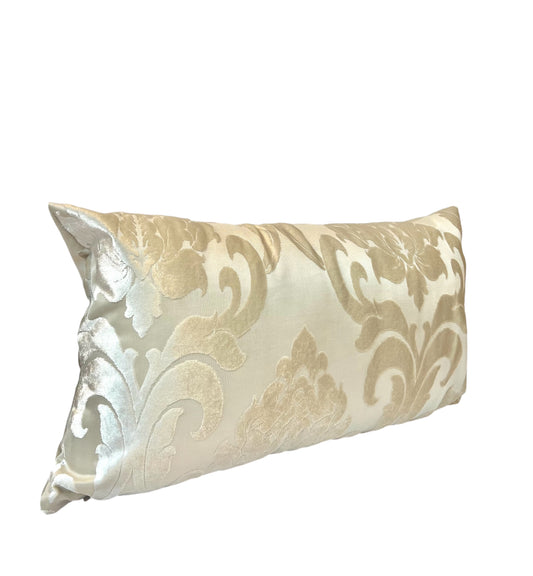 rectangular shaped throw pillow with a silver and beige floral pattern 