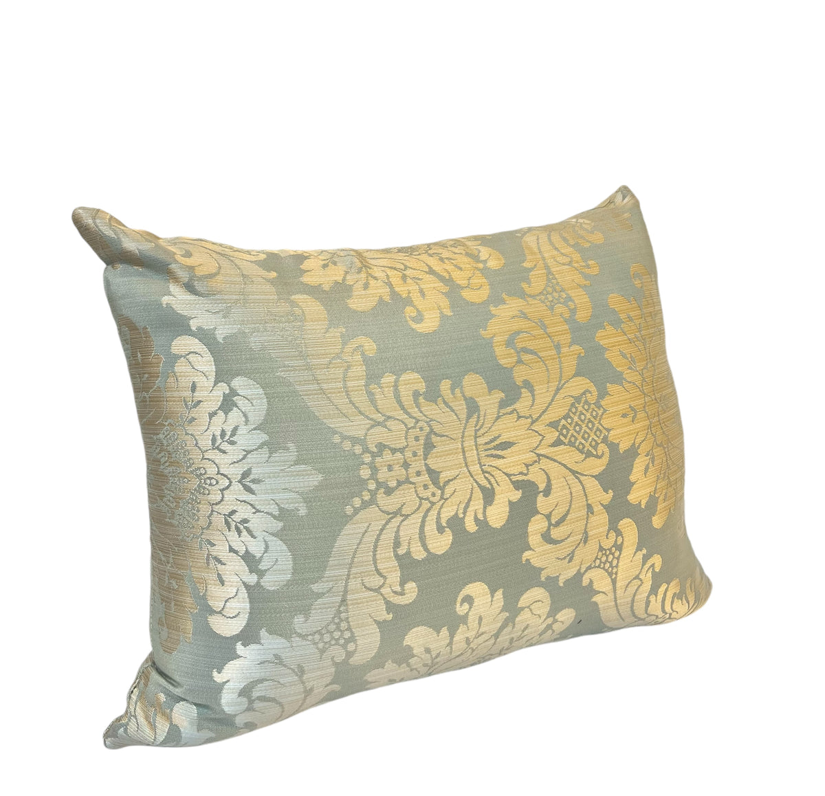 Rectangular light blue and gold throw pillow featuring an ornate floral damask pattern against a white background.