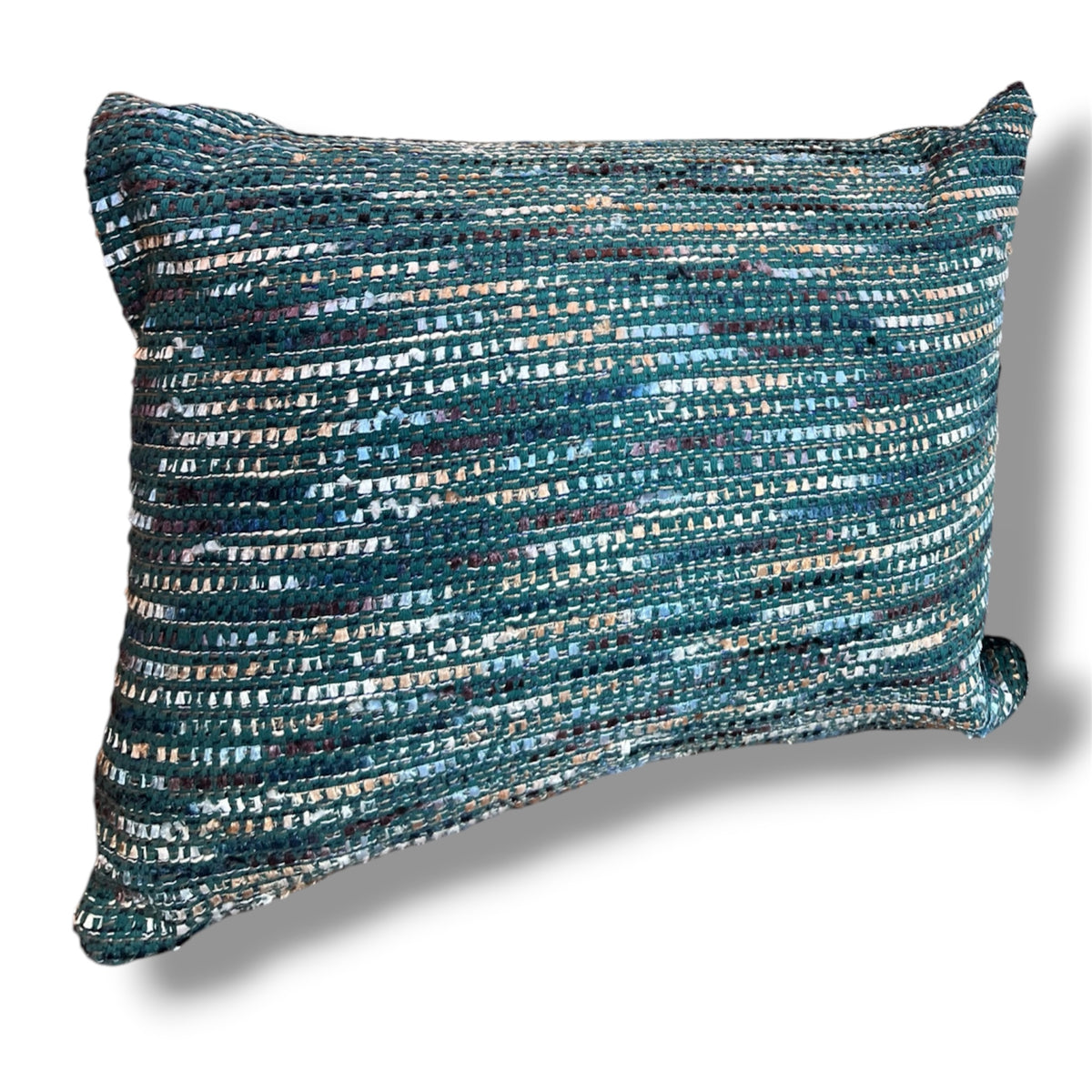Rectangular textured tweed lumbar throw pillow in a rich woven pattern of ocean teal, emerald green, navy, and metallic silver threads against a plain white background.