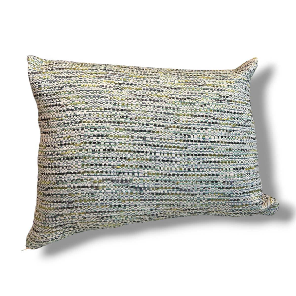 Rectangular decorative throw pillow featuring a textured, woven tweed pattern in mixed shades of sage green, cream, grey, and soft blue against a clean white background.