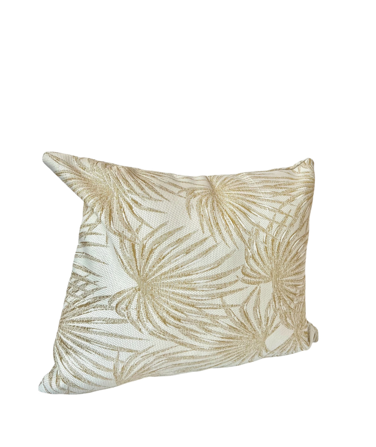 A rectangular cushion with a beige palm leaf pattern.