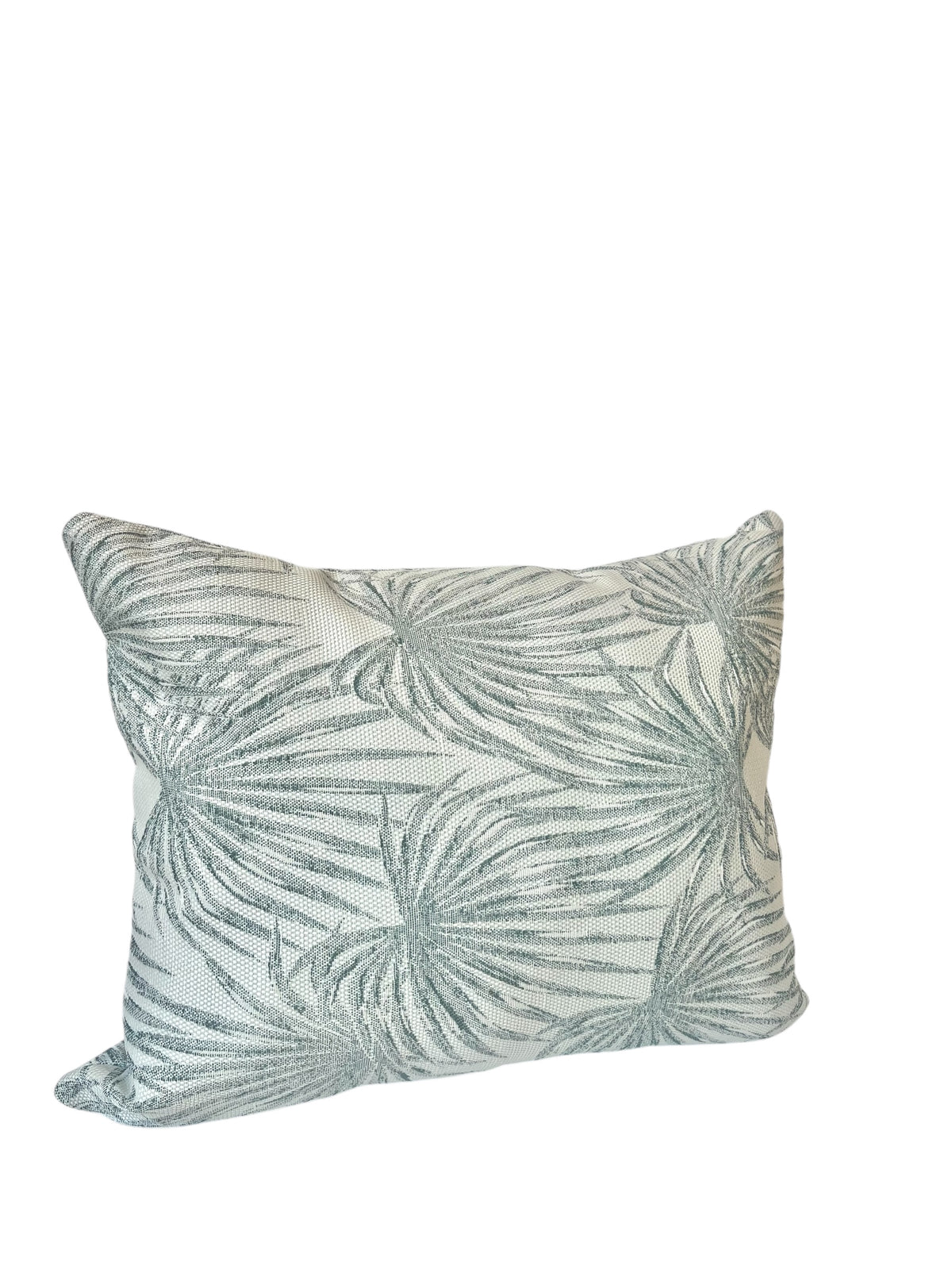 A rectangular cushion with a tropical turquoise palm design.