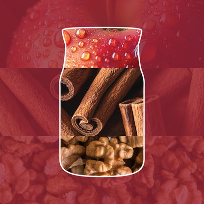 Yankee Candle Red Apple Wreath jar artwork featuring a candle jar silhouette filled with cinnamon sticks and walnuts against a water-droplet dusted red apple background.