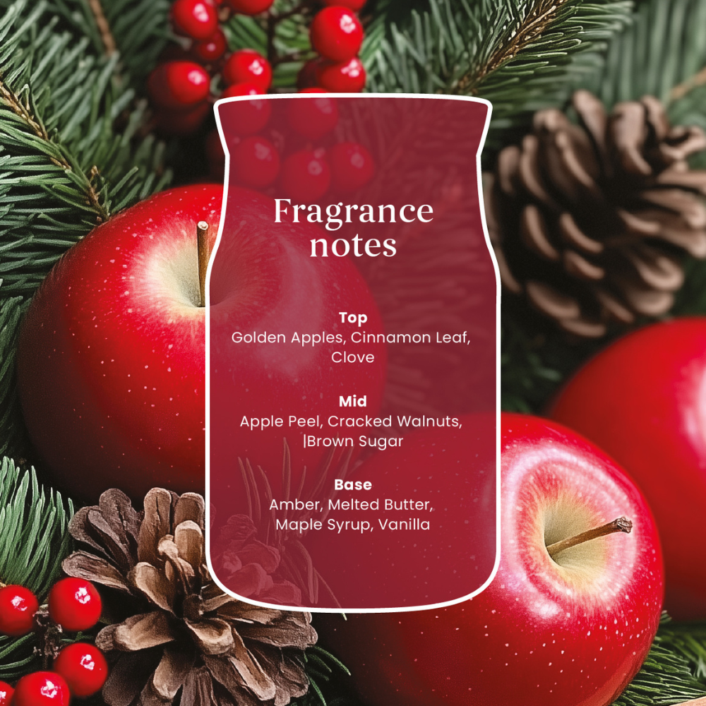 Fragrance notes label on a red background with apples and pine cones