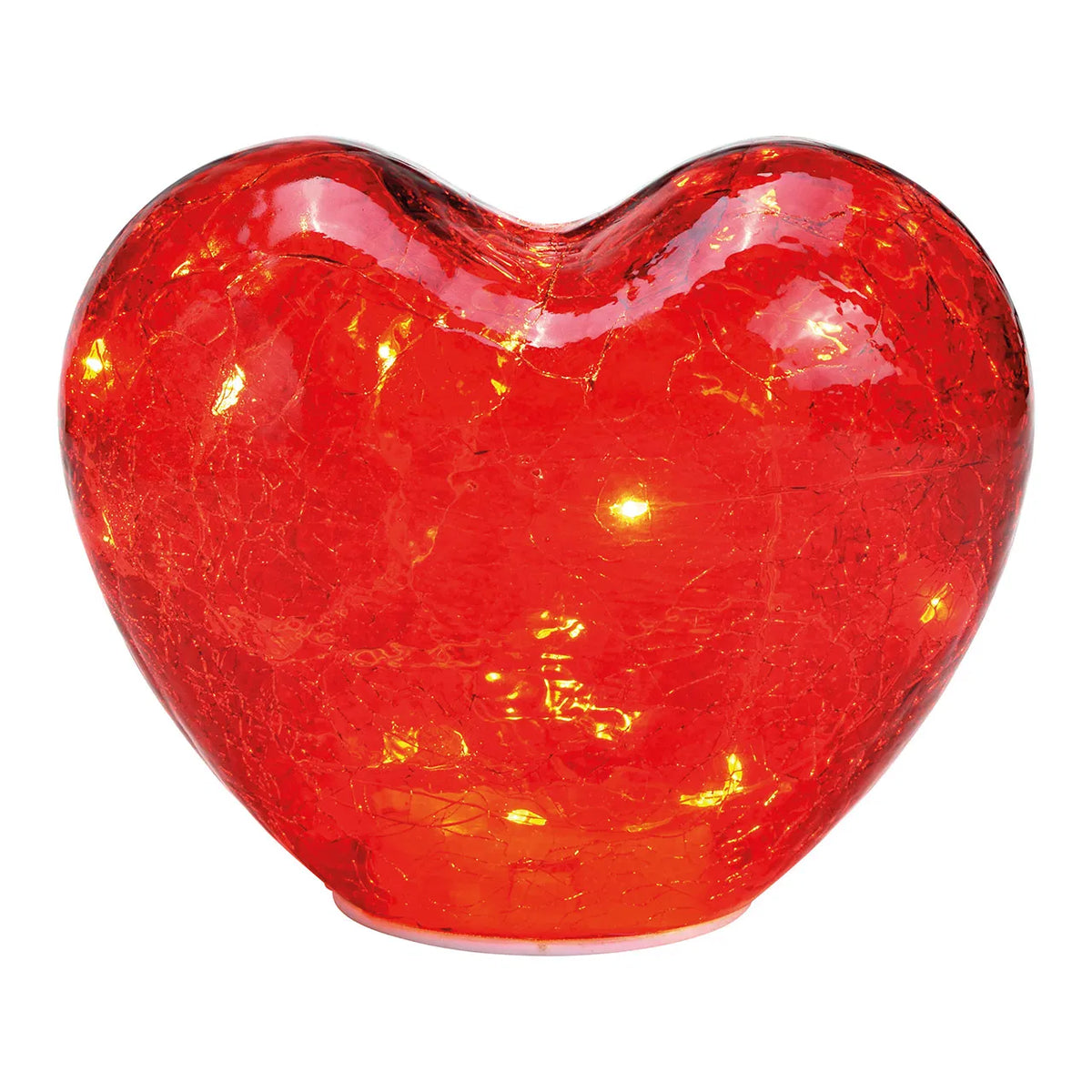 A red glass heart-shaped LED ornament.