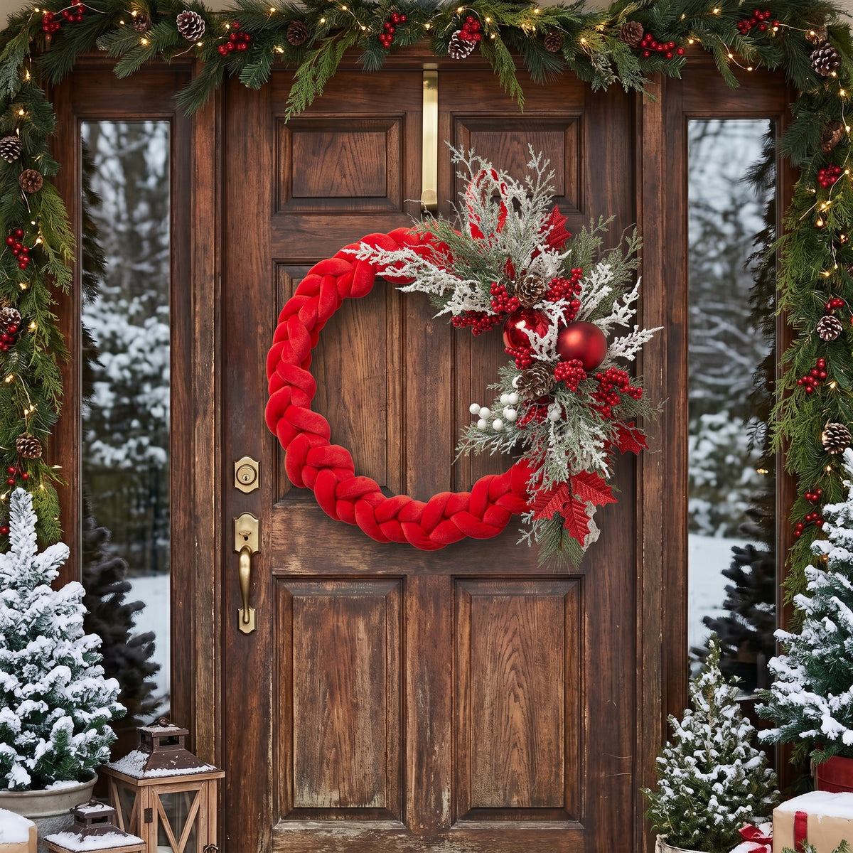Handmade holiday wreath featuring a red velvet braided loop decorated with red berries, gold leaves, and pine cones, hanging on a rustic wooden door.