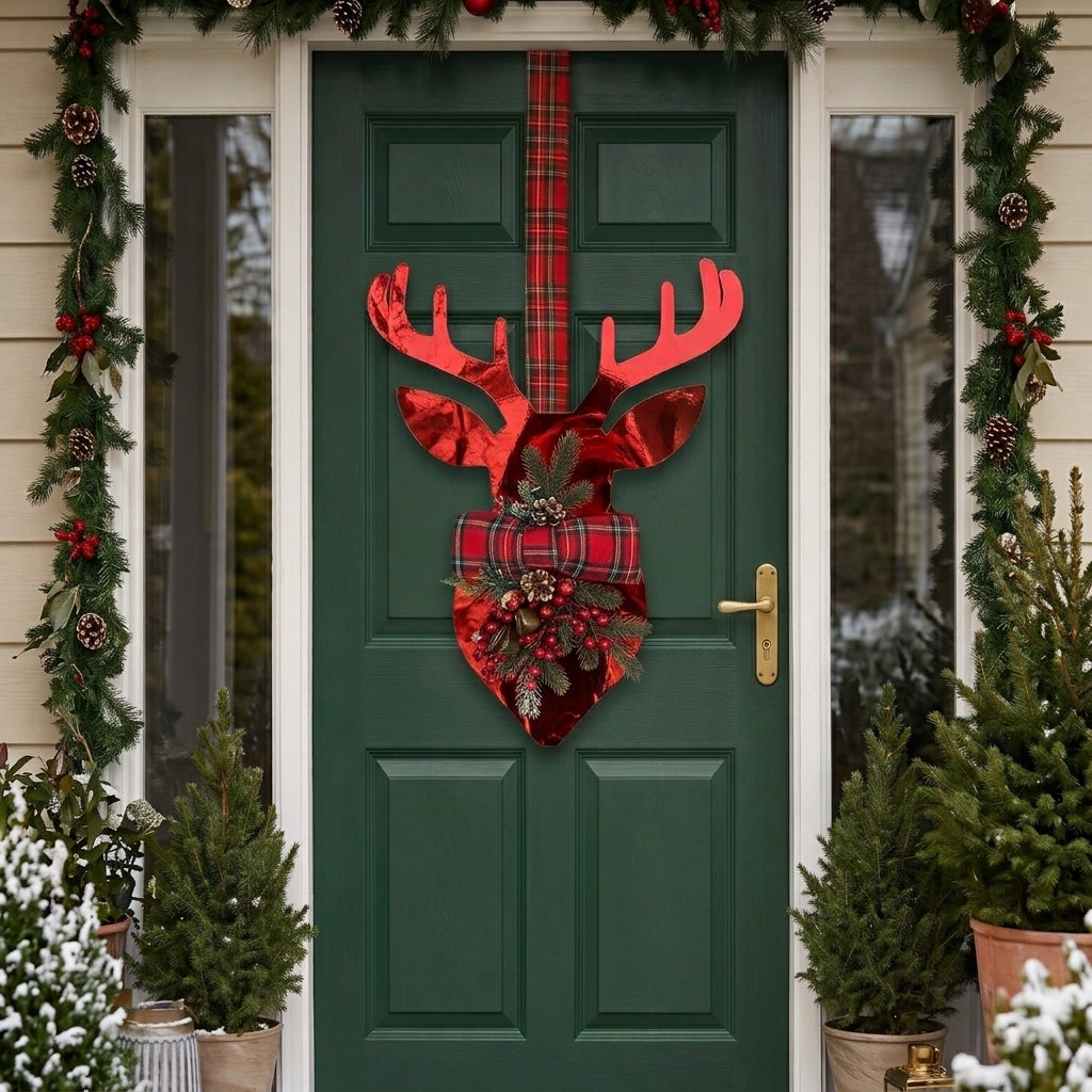 Handmade red metallic double-sided deer hanger for Christmas front door decor, designed by Inas.