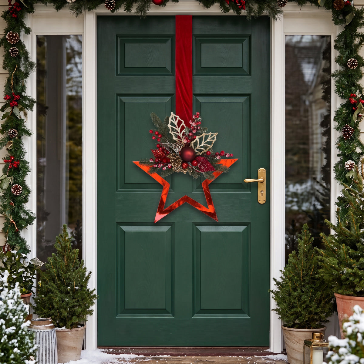 Handmade red metallic double-sided star hanger for Christmas front door decor, designed by Inas.