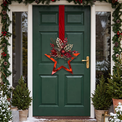 Handmade red metallic double-sided star hanger for Christmas front door decor, designed by Inas.