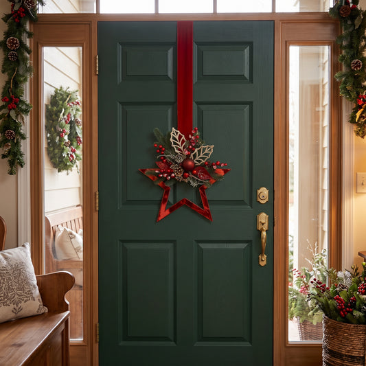 Handmade red metallic double-sided star hanger for Christmas front door decor, designed by Inas.