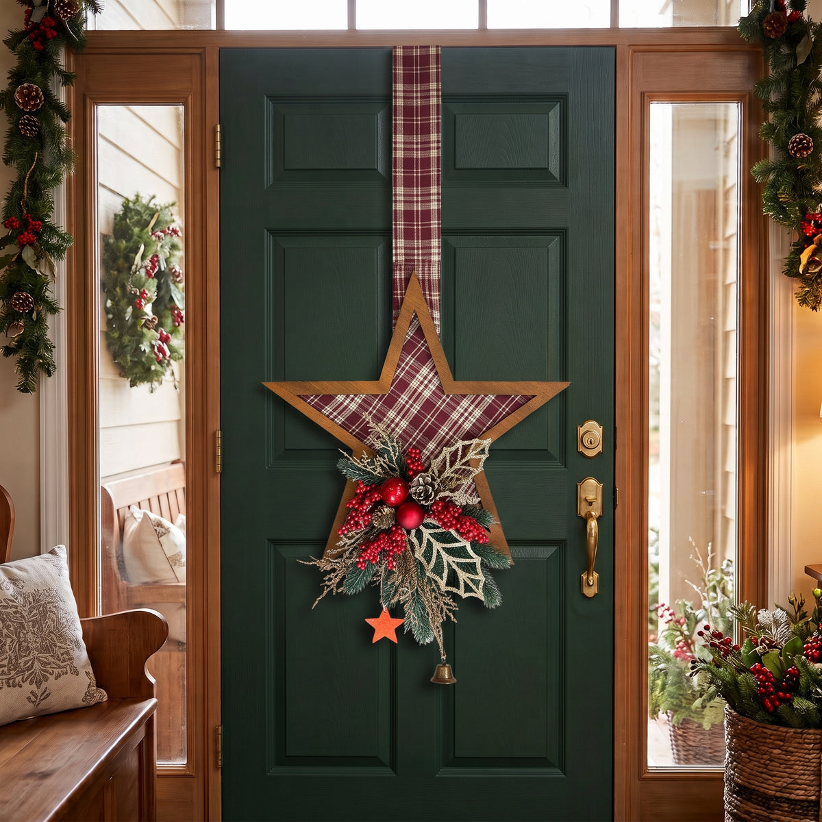Handcrafted red plaid two-sided star holiday door hanger accented with frosted pine branches, pinecones, berries, and a festive red bow, hanging on a dark green front door.