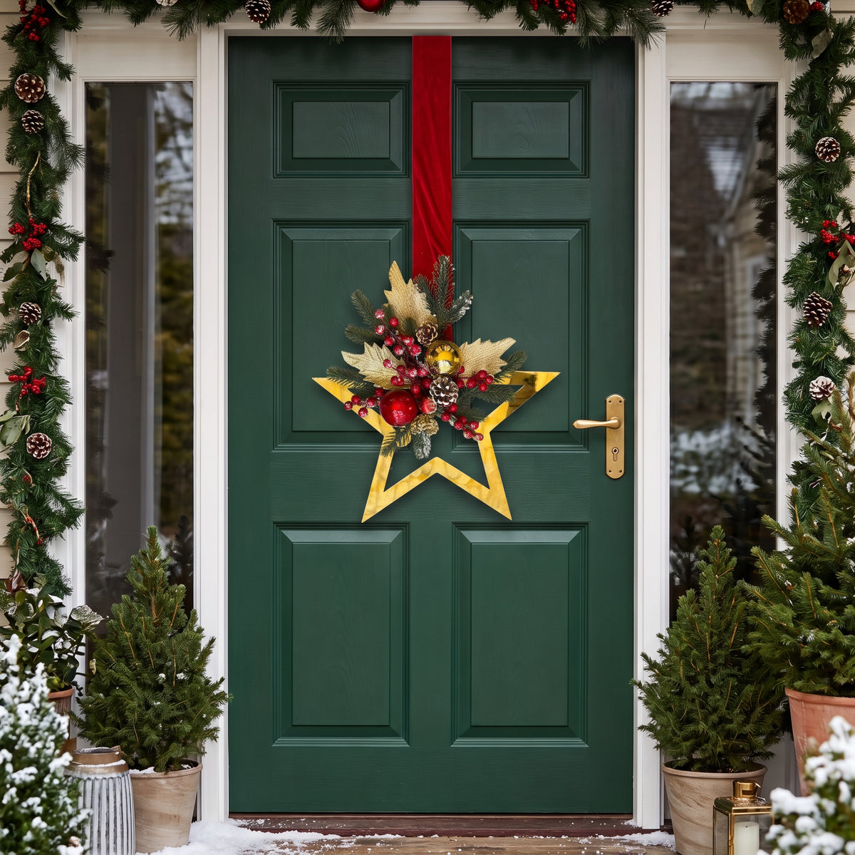 Red Velvet & Gold Star Hanger handmaded by inas, hanged on green door outside a decorative cozy house