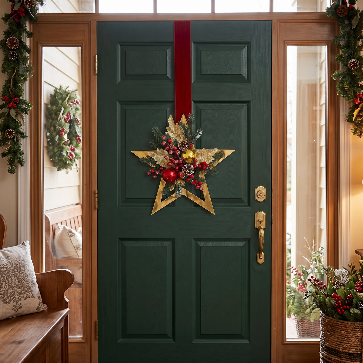 Red Velvet & Gold Star Hanger handmaded by inas, hanged on green door inside a decorative cozy house
