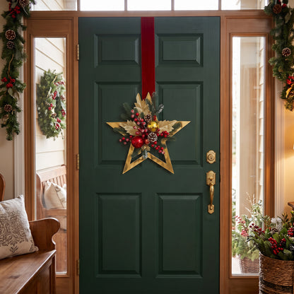 Red Velvet & Gold Star Hanger handmaded by inas, hanged on green door inside a decorative cozy house