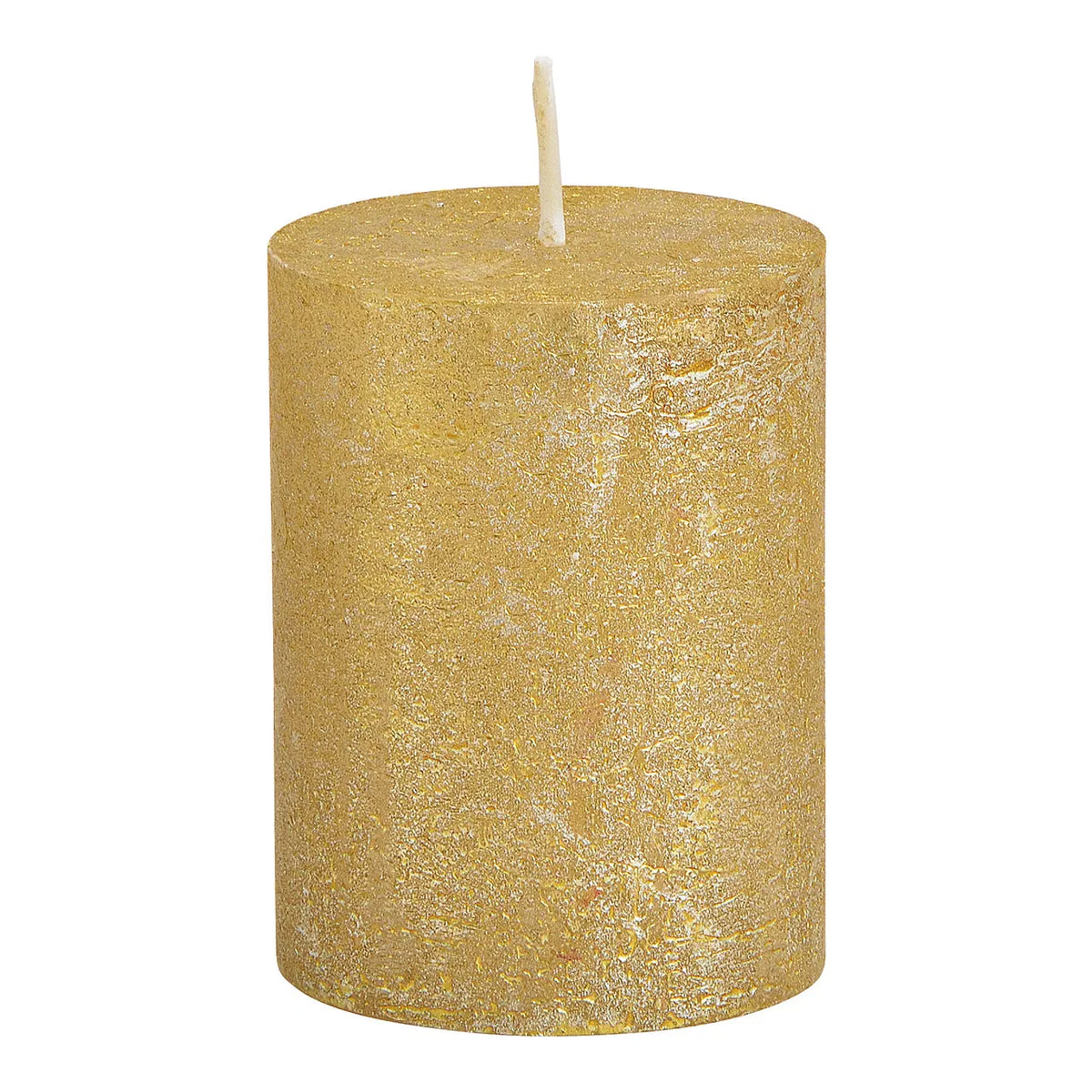 A gold-colored candle with a shimmer finish, likely made from wax.