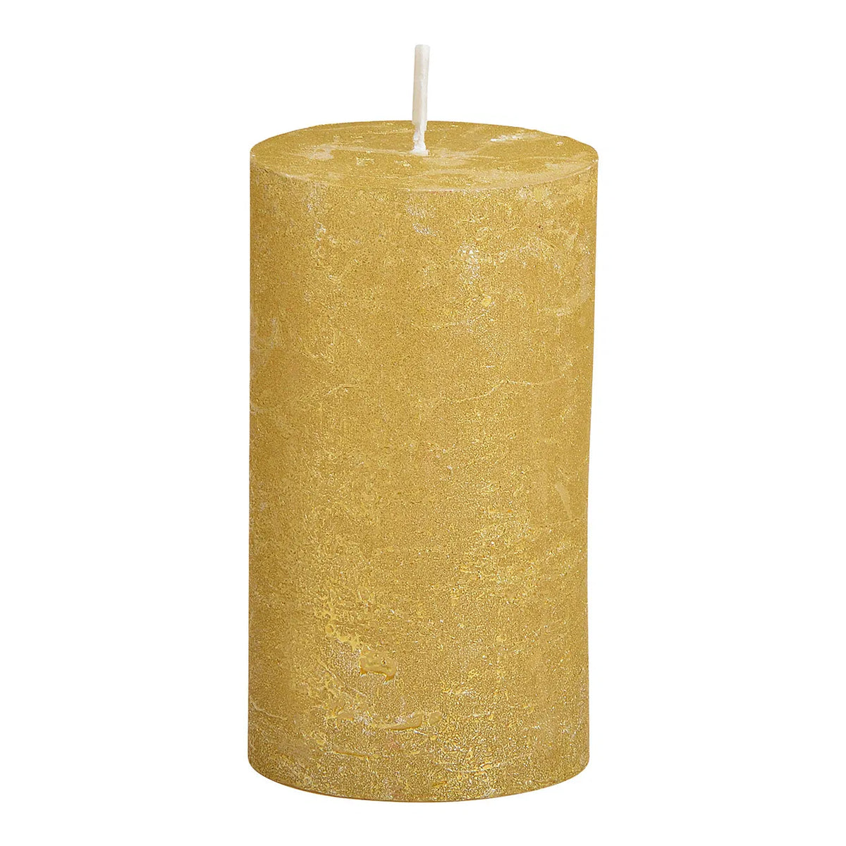 A gold-colored candle with a shimmer finish, likely made from wax.