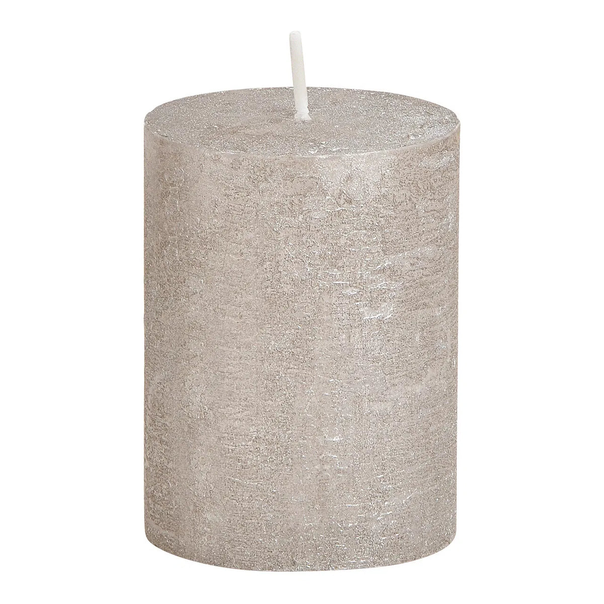 A cylindrical shimmer grey wax candle with a white wick, placed on a plain background.