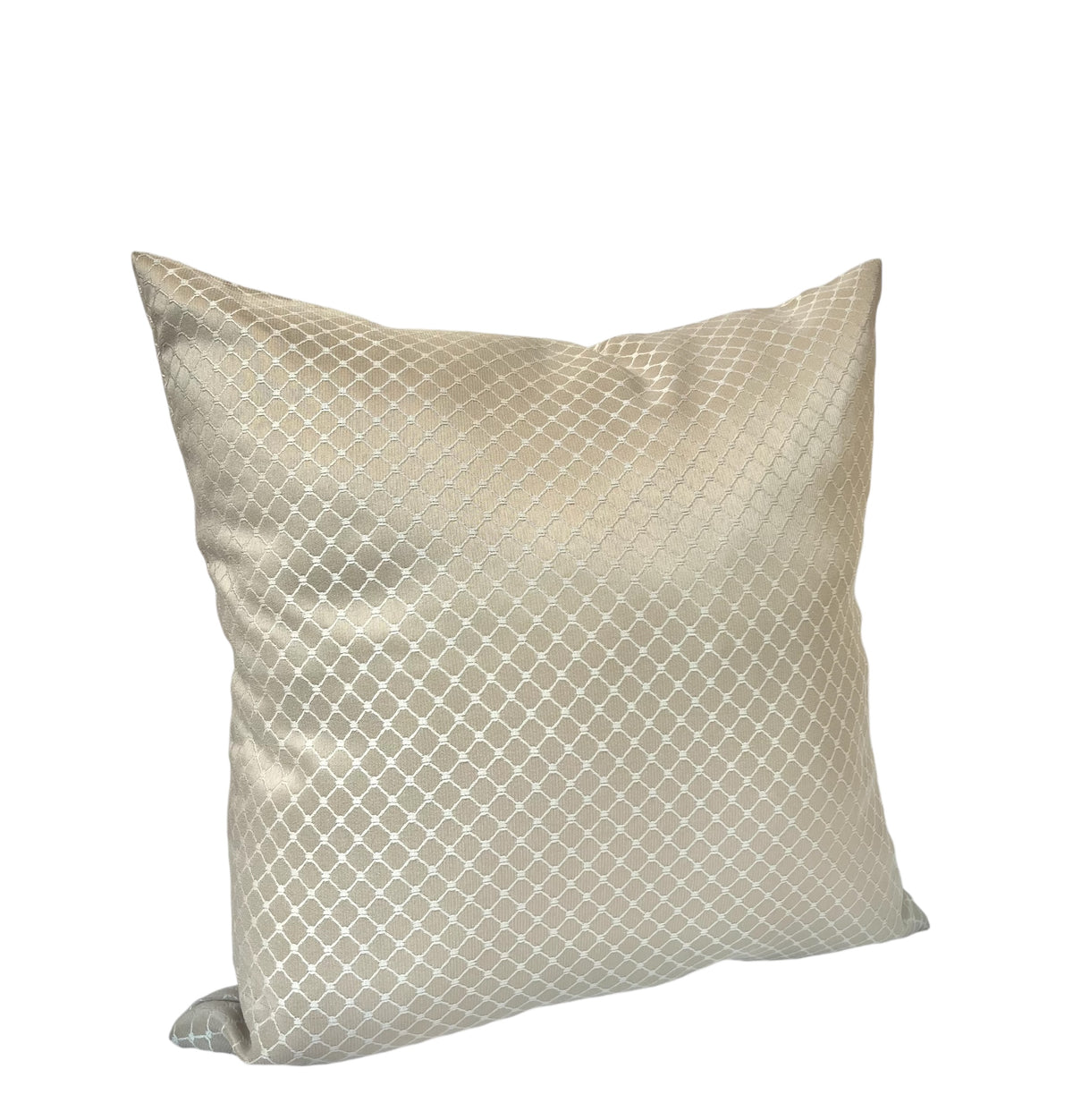 Light silver and champagne throw pillow featuring a subtle geometric grid pattern against a white background.