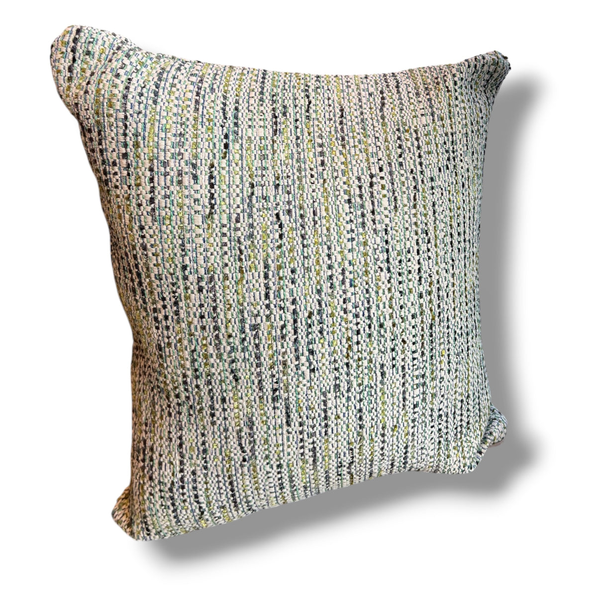 Square textured tweed decorative cushion in soft sage green, cream, grey, and soft blue woven tones against a plain white background.