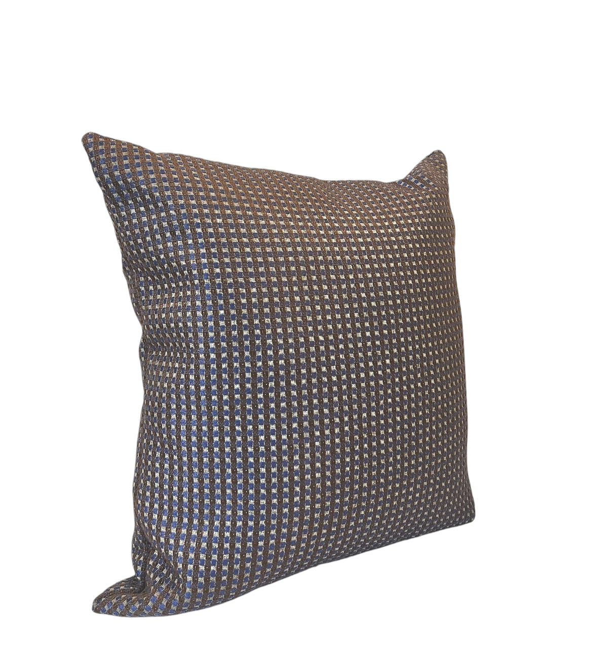 A square throw pillow with a geometric pattern in a blue and brown color scheme.