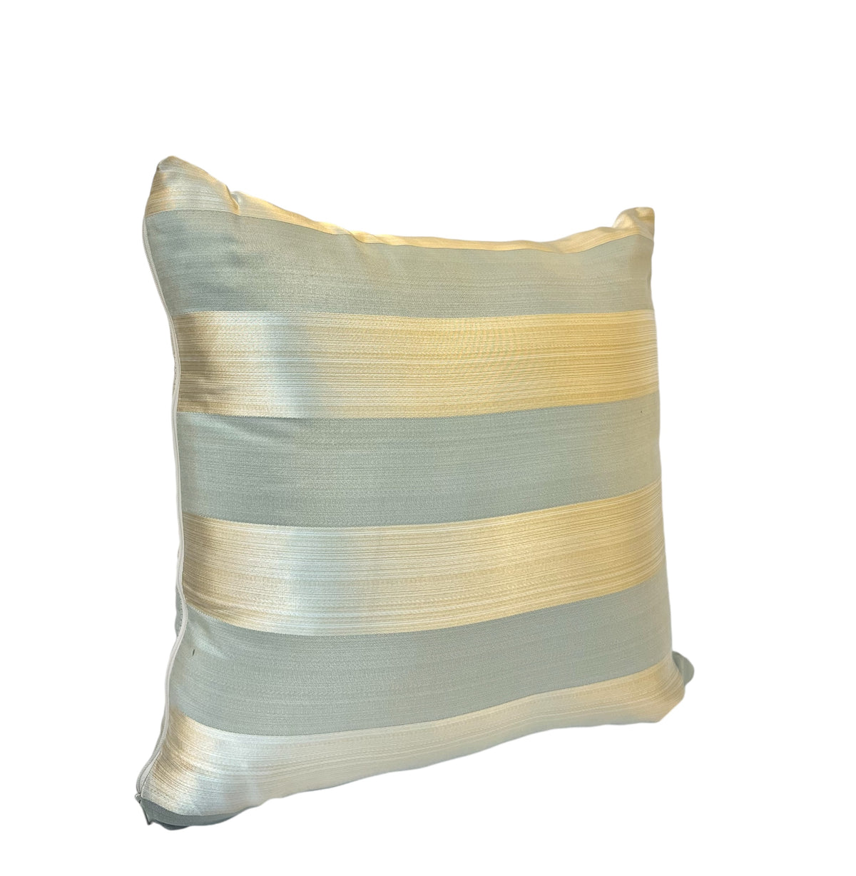A square-shaped throw pillow with silver and gold stripes on a white background.