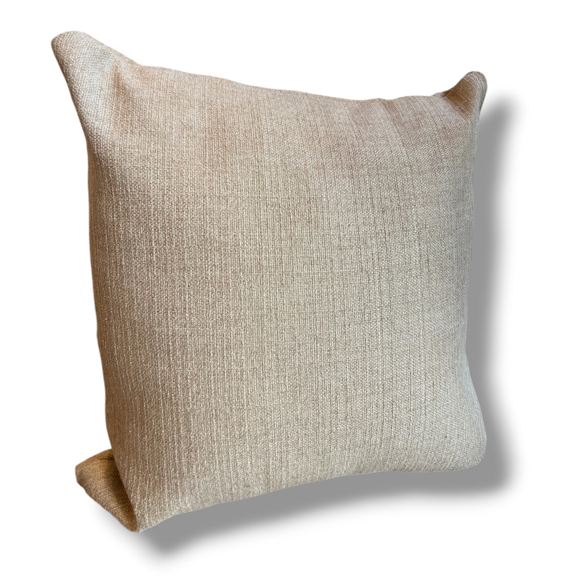 Square decorative throw pillow in a textured, natural beige linen weave, standing upright against a plain white background.