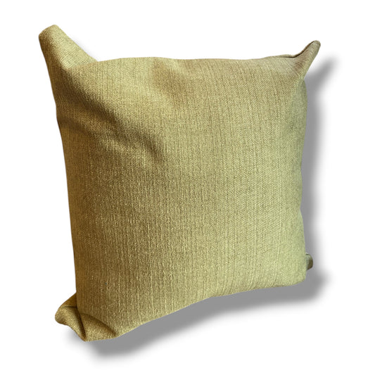 Square decorative throw pillow in a textured olive green fabric with subtle yellow undertones, standing against a plain white background.