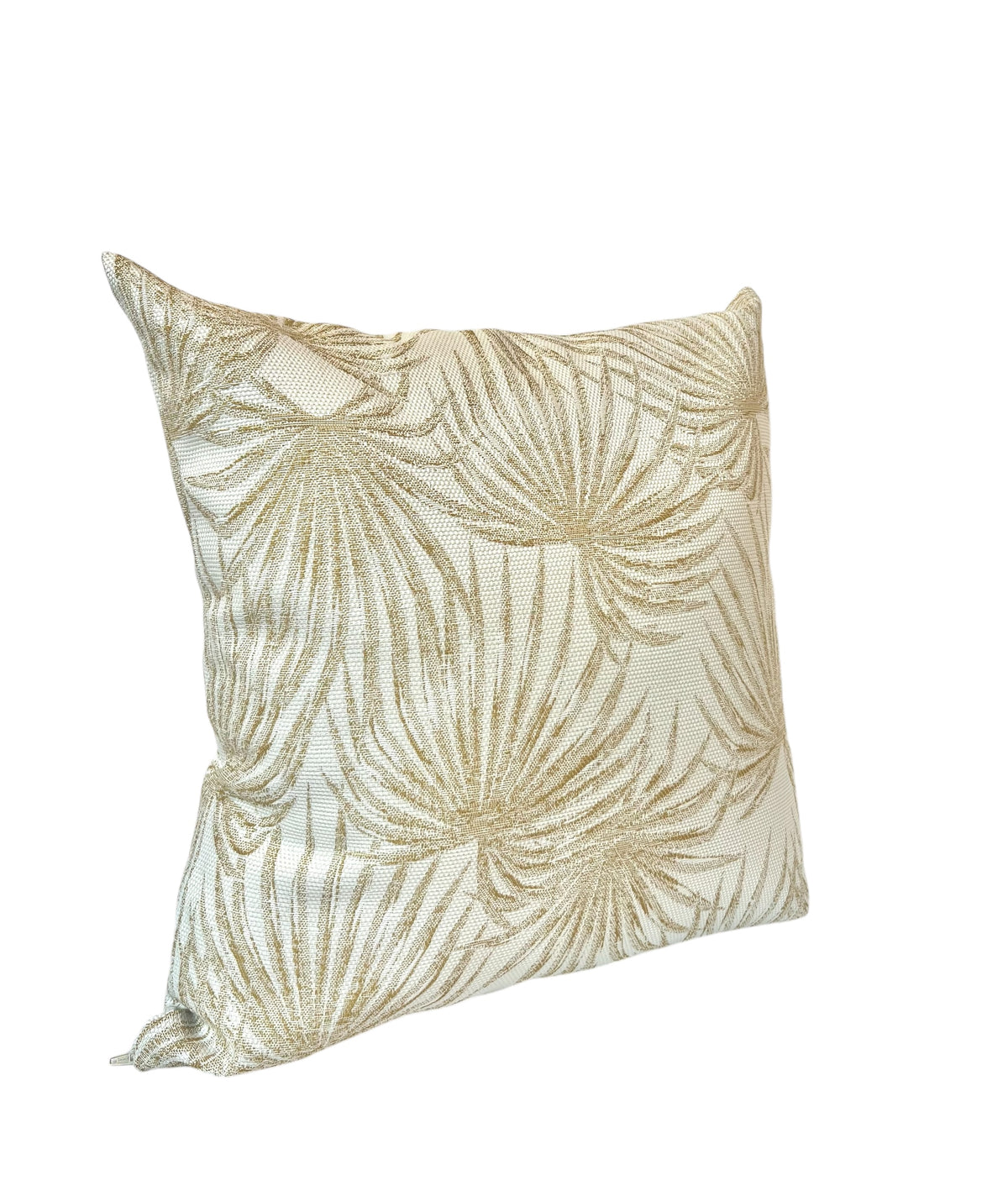 A square cushion with a beige palm leaf pattern.