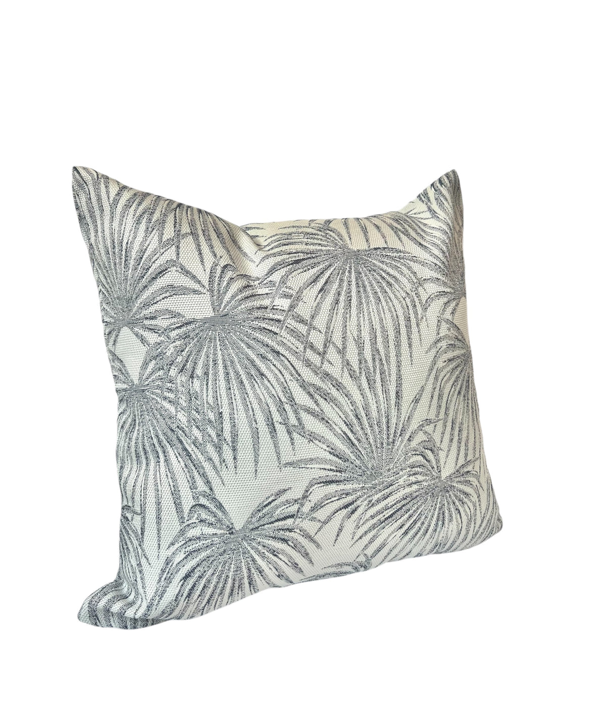 A square throw pillow with a tropical palm leaf pattern in shades of blue and gray.