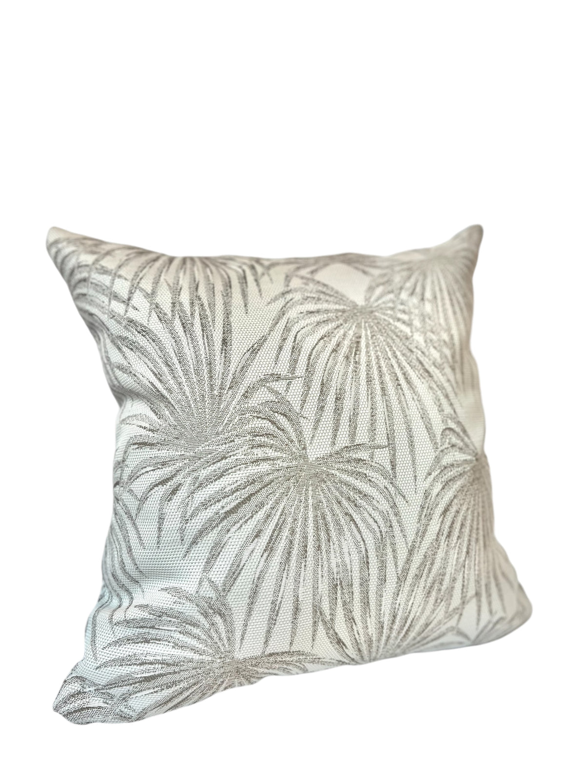 A square throw pillow with a tropical gray palm leaf pattern on a white background.