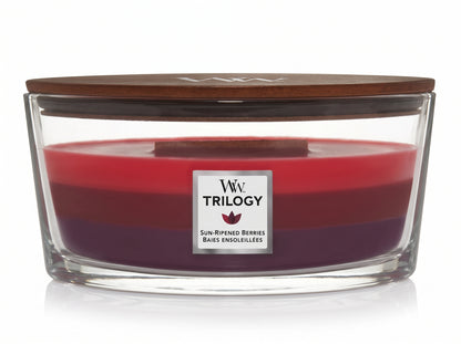 WoodWick Sun Ripened Berries candle in a clear glass jar with a wooden lid.