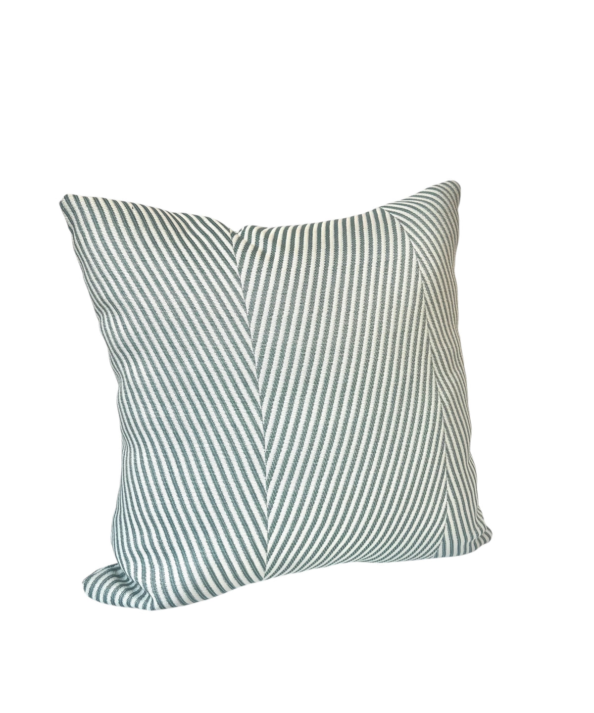 A turquoise and white striped pillow with a modern geometric pattern.