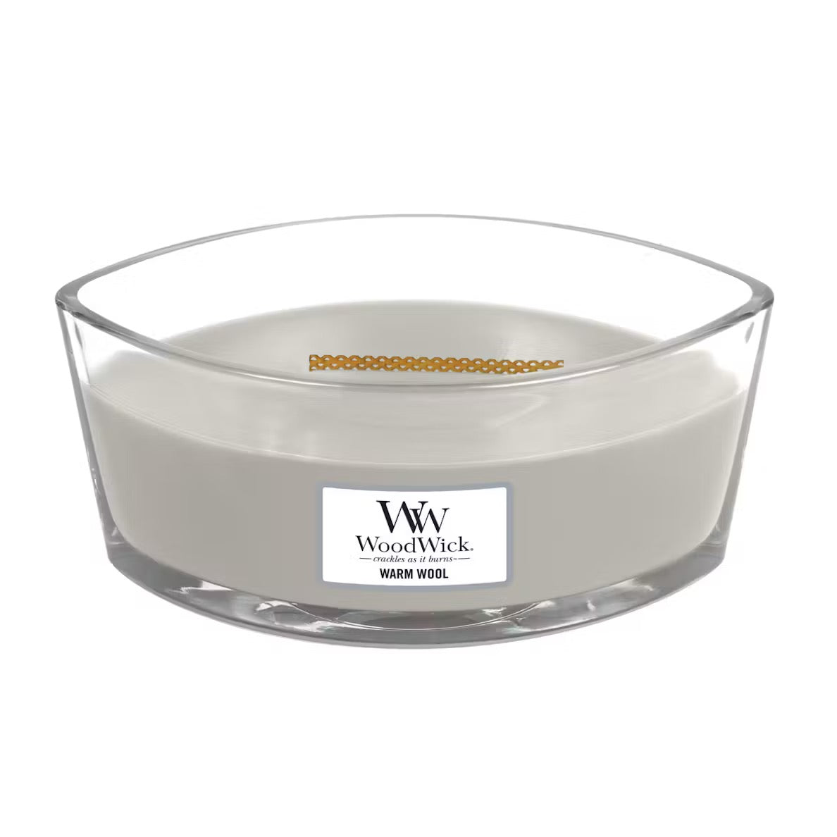 Unlid WoodWick Warm Wool Ellipse Jar Candle with cream-colored wax, a wooden wick, centered against a clean white background.