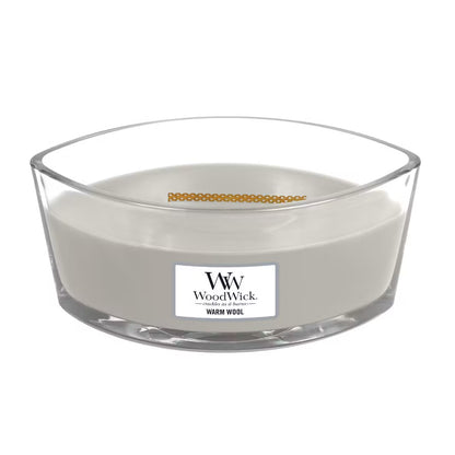 Unlid WoodWick Warm Wool Ellipse Jar Candle with cream-colored wax, a wooden wick, centered against a clean white background.