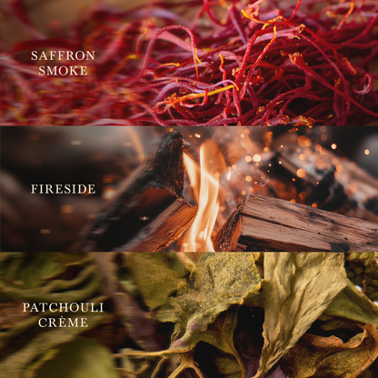 Vanilla Embers fragrance layer graphic showing saffron smoke, fireside, and patchouli crème notes.