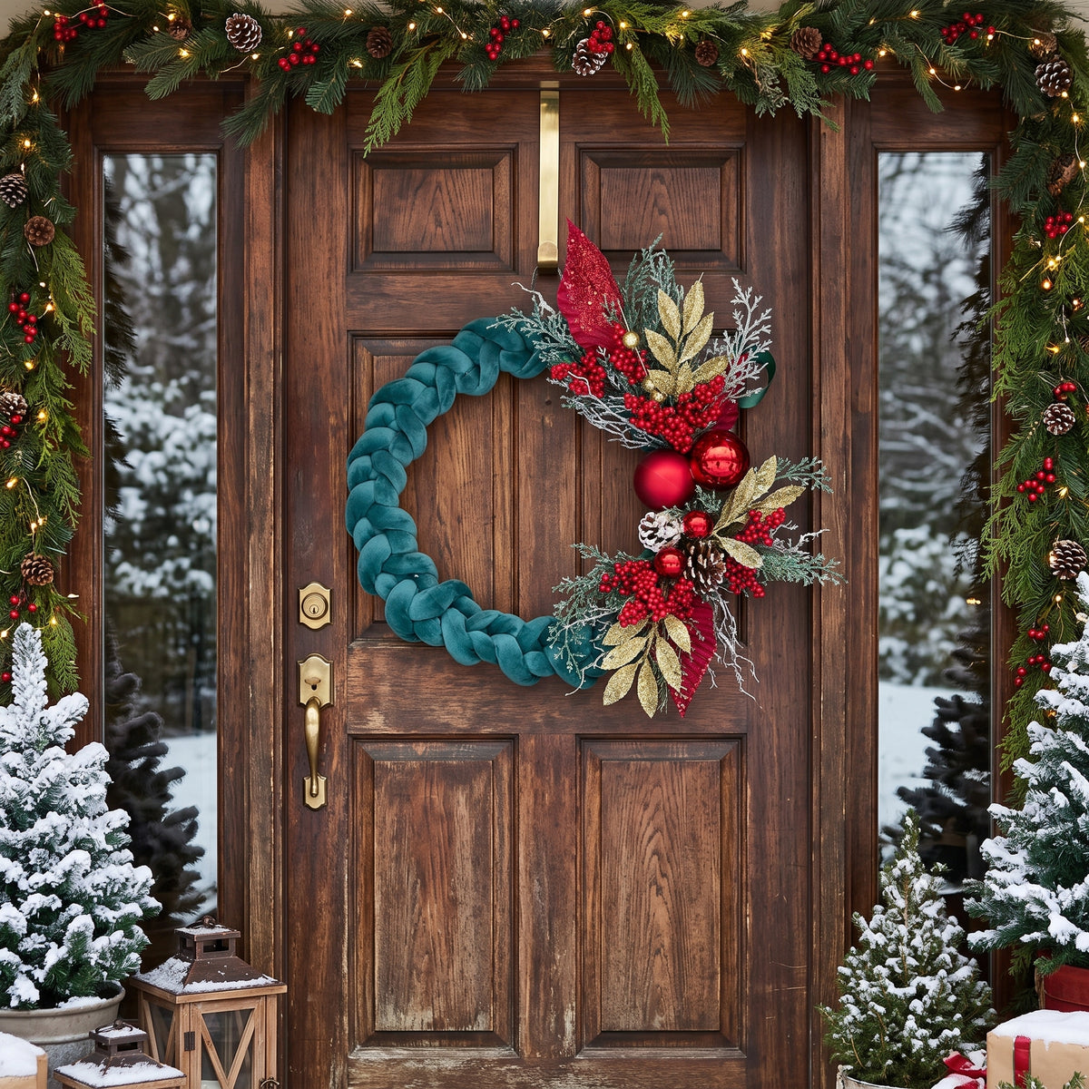 Handmade holiday wreath featuring a teal velvet braided loop decorated with red berries, gold leaves, and pine cones, hanging on a rustic wooden door.