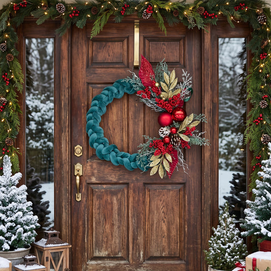 Handmade holiday wreath featuring a teal velvet braided loop decorated with red berries, gold leaves, and pine cones, hanging on a rustic wooden door.