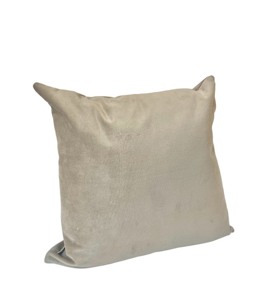 A beige velvet cushion with a square shape.