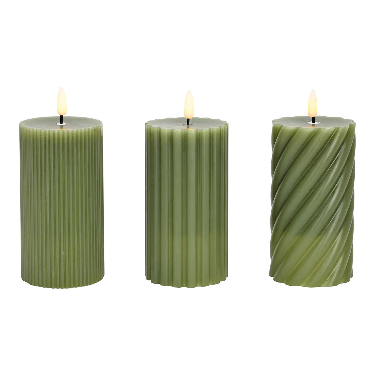 Three green LED wax candles with a flickering effect, each cylindrical in shape with a visible wick flame at the top.