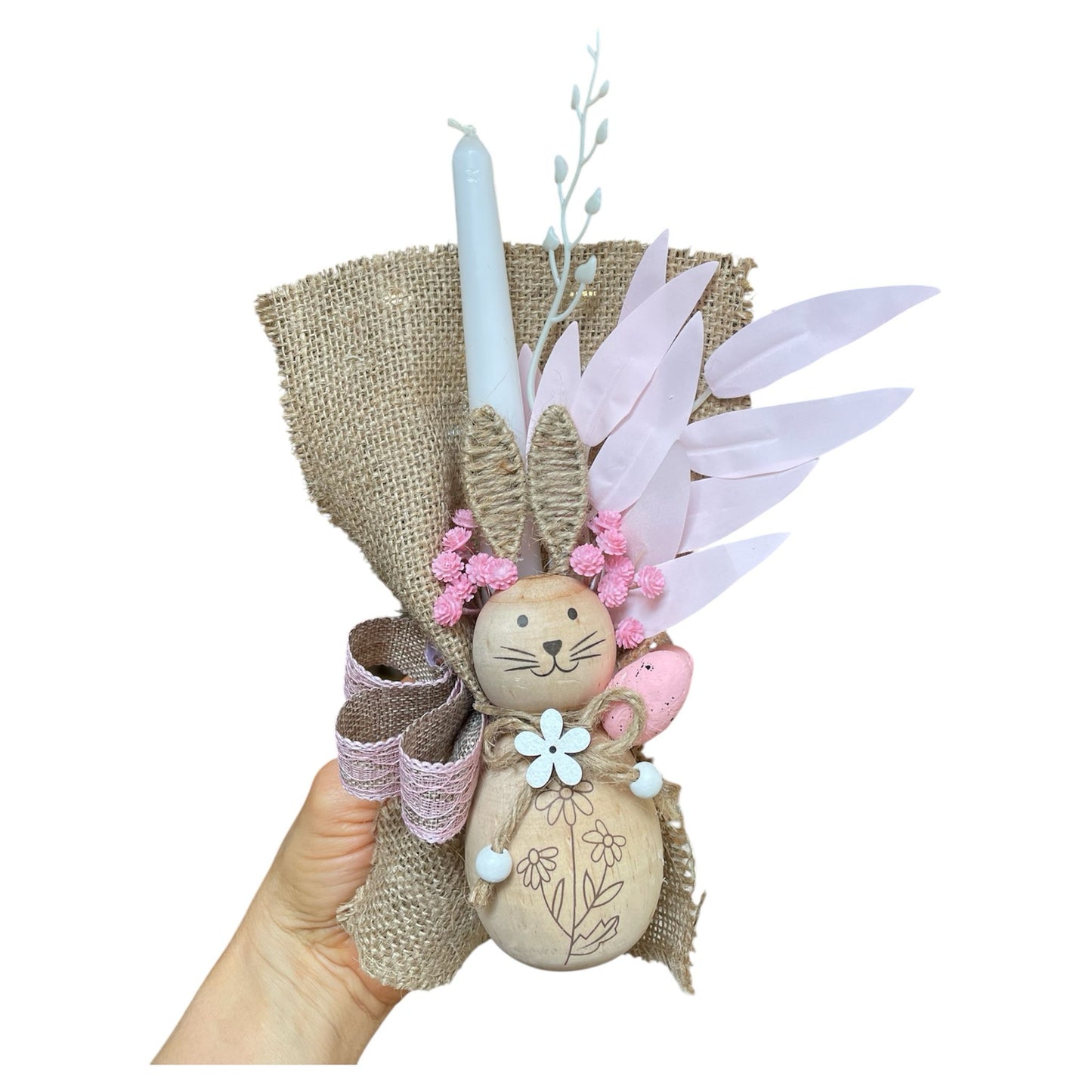 Wood Bunny Candle with Pink Leaves