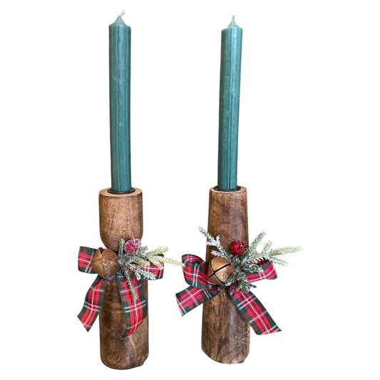 Wooden Candle Holder with Green Candle