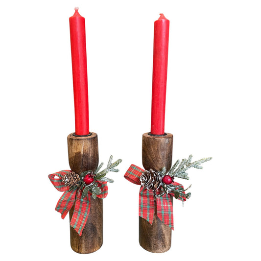Wooden Candle Holder with Red Candle