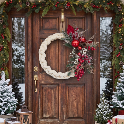 Handmade holiday wreath featuring a white velvet braided loop decorated with red berries, gold leaves, and pine cones, hanging on a rustic wooden door.