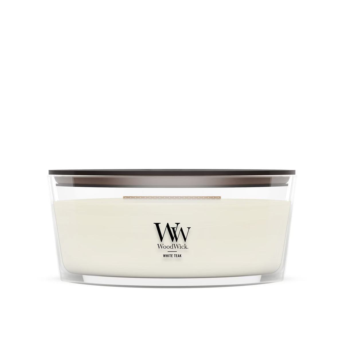 WoodWick White Teak ellipse candle in a clear glass jar with a wooden lid.