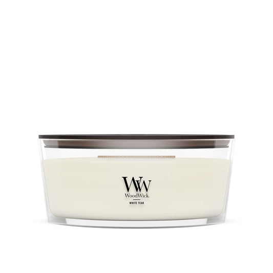 WoodWick White Teak ellipse candle in a clear glass jar with a wooden lid.
