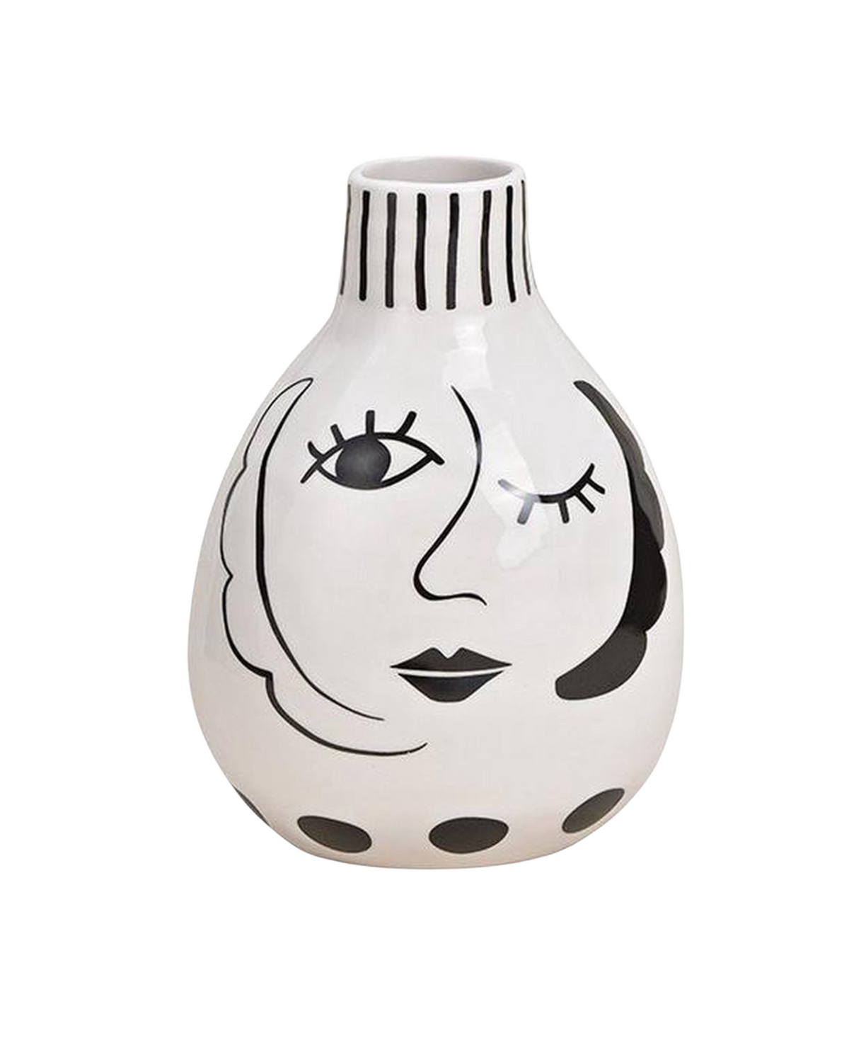 White ceramic vase with a black line art illustration of a woman's face, winking eye, and vertical stripes along the neck.