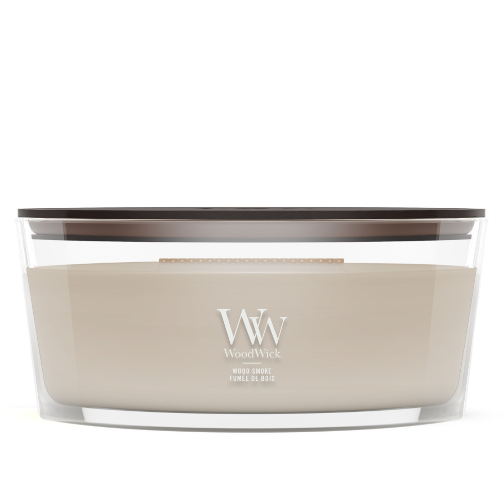 WoodWick Wood Smoke ellipse jar candle sitting against white background