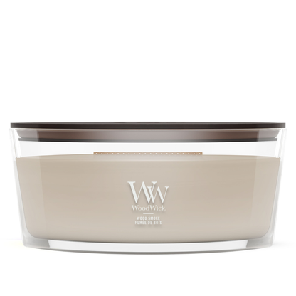 WoodWick Wood Smoke ellipse jar candle sitting against white background
